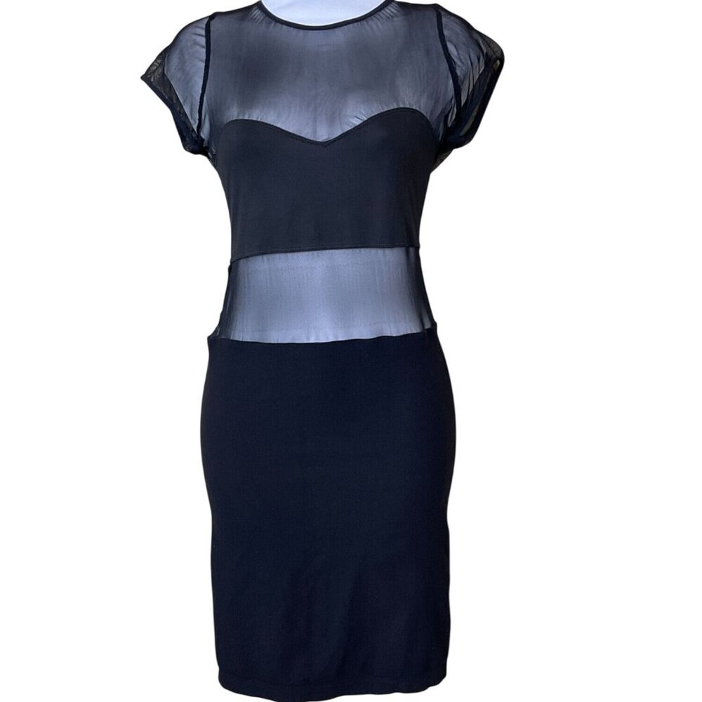 Bebe Cap Sleeve Round Neck Black Mesh Inserts Bodycon Dress Medium/Large